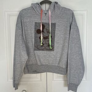Disney Mickey Mouse Cropped Heather Gray  Pullover Hoodie Women’s Size XL